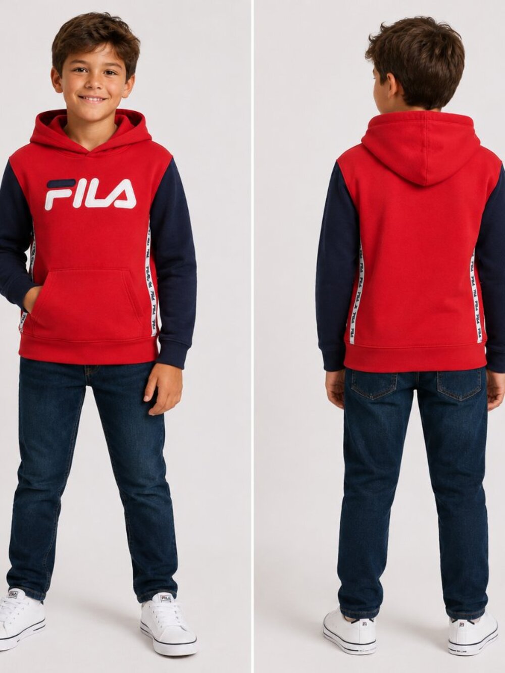 FILA Boys Hoodie Size M 10/12 Red Navy Colorblock Logo Pullover
